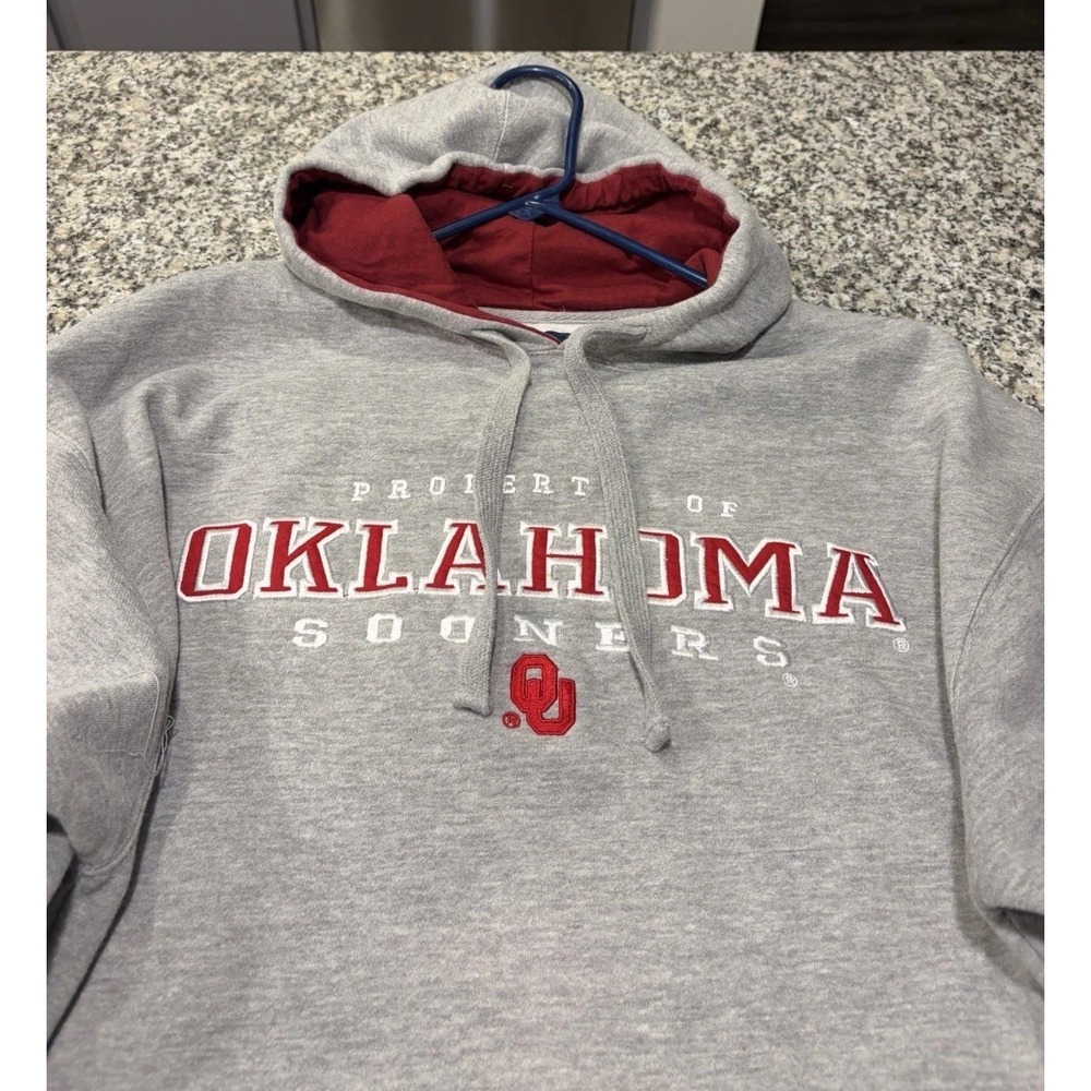 J America Oklahoma Sooners Hoodie Mens Large Gray Crimson Embroidered Sweatsh